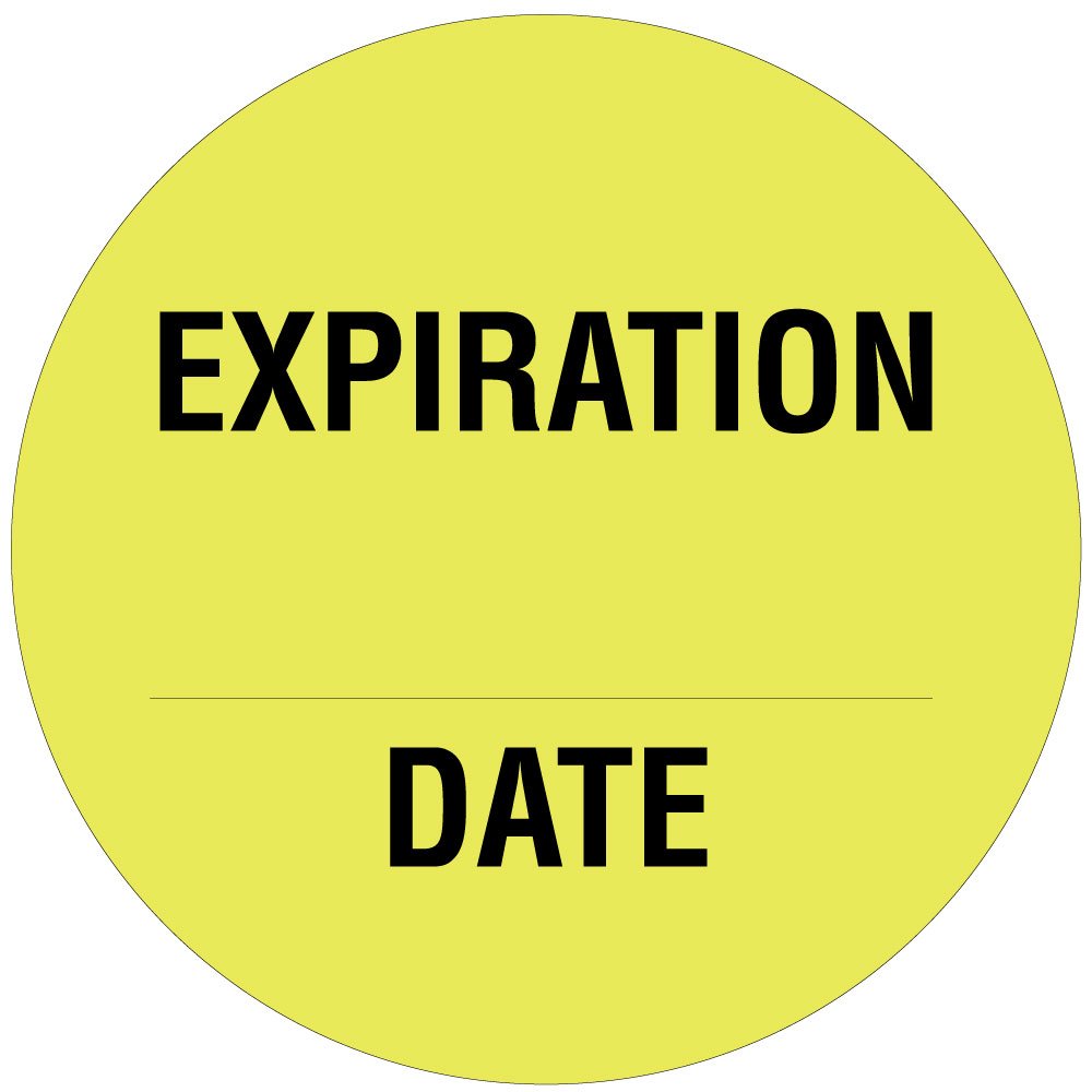 59706019 Paper Label, Fluorescent Yellow Circle Label with Black Text, "Expiration Date", 0.75" Diameter (Roll of 1000)