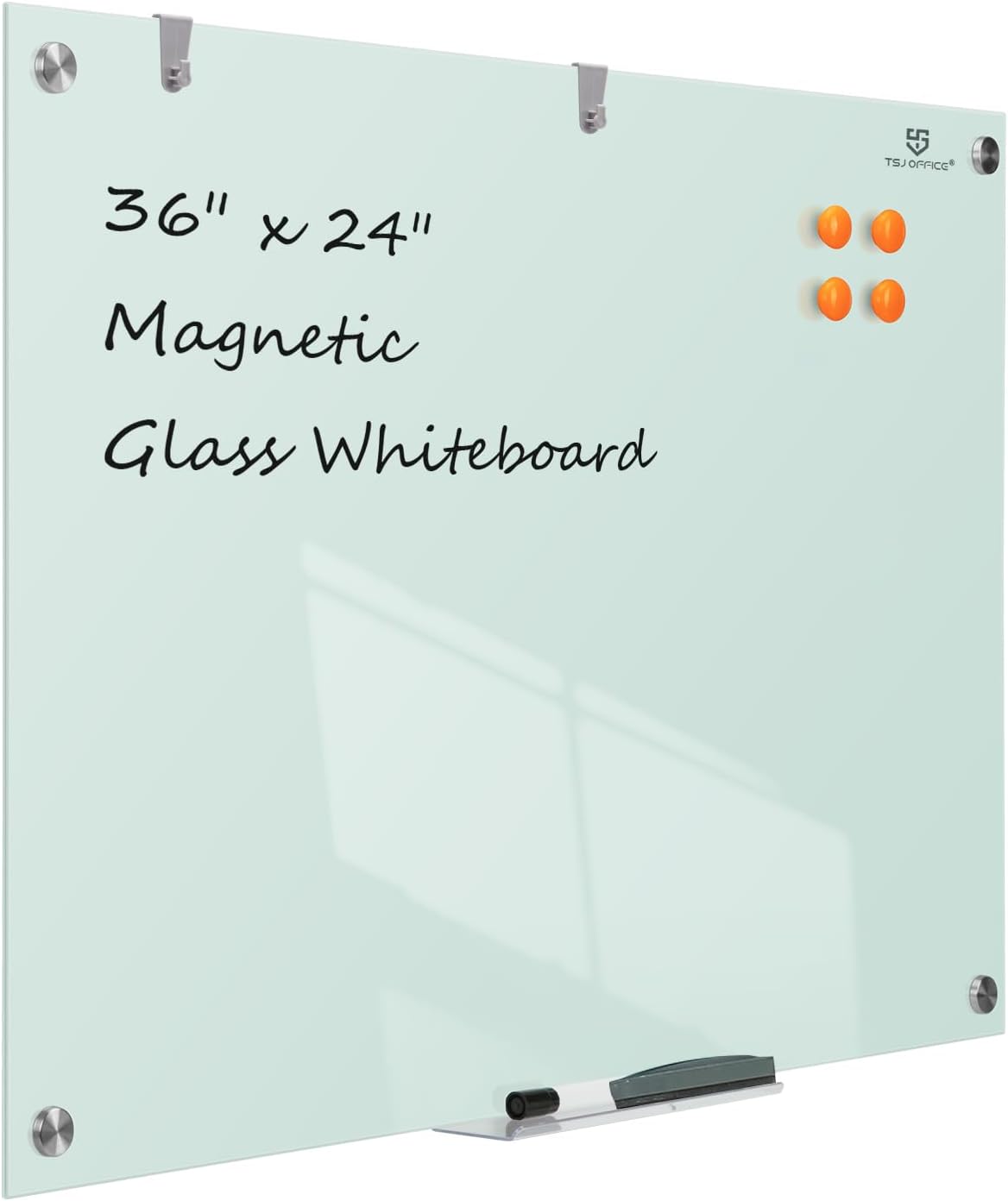 TSJ OFFICE Glass Dry-Erase Board - 36 x 24 Inches Wall Mounted Whiteboard with Magnetism, Large Frameless Glass White Board for Office, Home & School White 36"W x 24"H