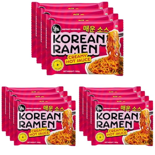 Image of Yu Foodlabs Creamy Hot Sauce Korean Ramen - Zero Preservatives & No MSG - Pack of 12-100% Natural Ingredients & Veg - Instant Noodles Ready in 6 Mins - 400 G (100 G x 4) - Yu