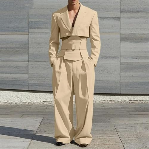 Men Casual Cropped Waistband Design Suit and Wide Leg Suit Pant 2 Pieces Sets2