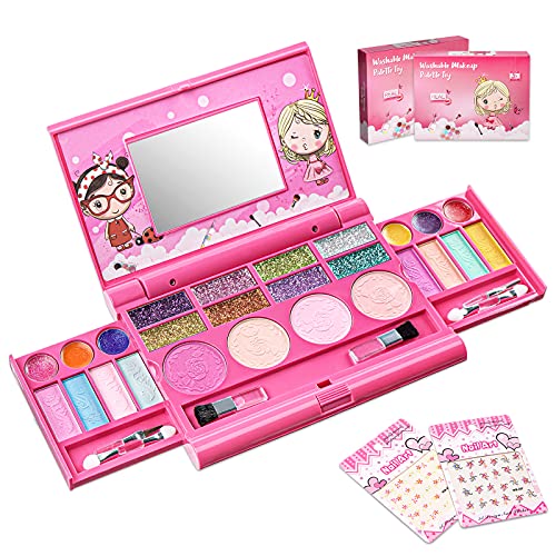 Kids Makeup Kit for Girl-Real, Non Toxic, Washable Kids Make upï¼ŒFold Out Makeup Palette with Mirror and Secure Close Makeup for Kids Girls,Kids Princess Toys Pretend Play Set (Real Makeup)