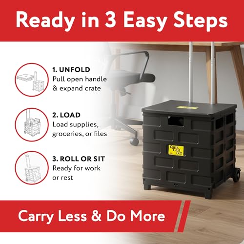 Image of dbest products Quik Cart Pro Wheeled Rolling Crate Teacher Utility with seat Heavy Duty Collapsible Basket with Handle, Aluminum, Black