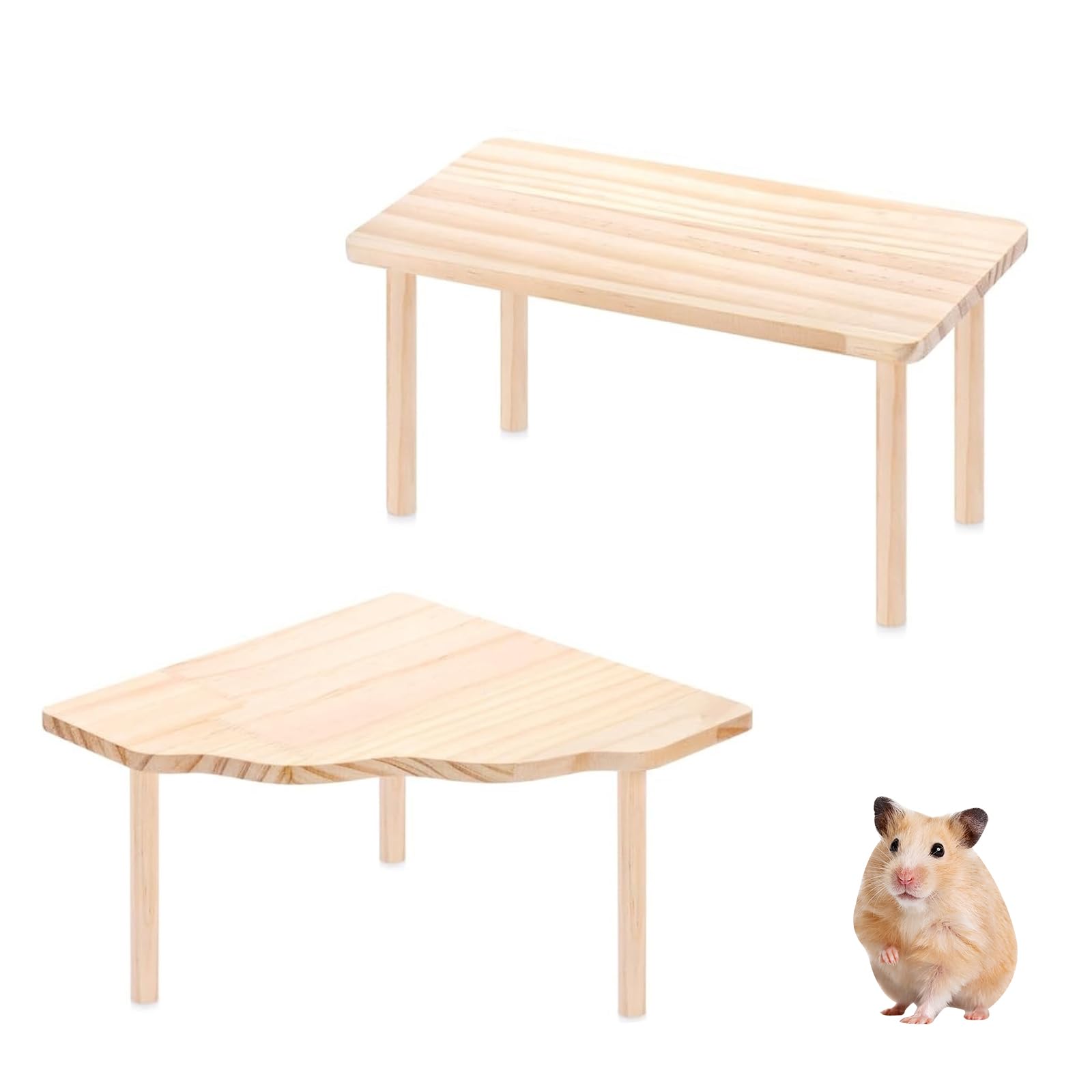 DiiWmme 2-Piece Set Wooden Hamster Platform for Cage, Natural Wood Small Animal Play Stand, Climbing Resting Area with Hideout for Syrian Dwarf Hamsters, Mice, Gerbils,Hamster Cage Accessories