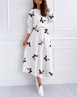 Women's Two Piece Set, White Butterfly Print, Long Sleeve Top and Midi Skirt, Casual Loungewear Price In India