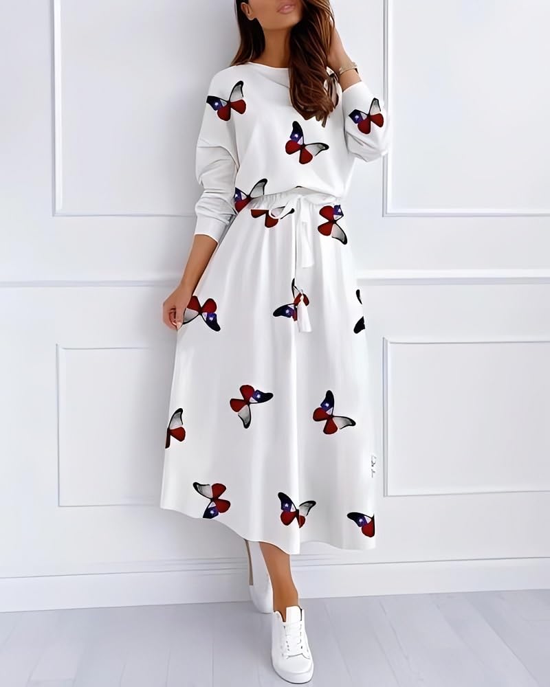 Women's Two Piece Set, White Butterfly Print, Long Sleeve Top and Midi Skirt, Casual Loungewear - Review, Price and Buying Guide