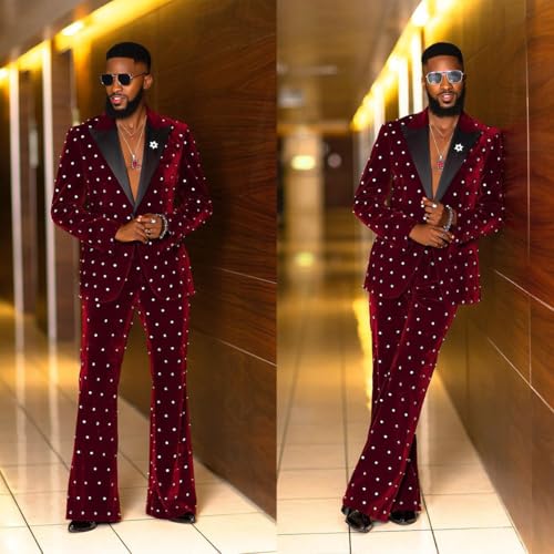 Men's 2 Pieces Velvet Suit with Rhinestones Slim Fit Peak Lapel Prom Tuxedos Blazer Jacket Pants for Wedding Party2