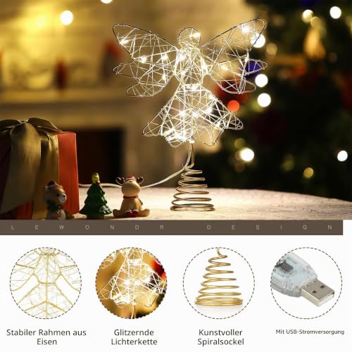 Lewondr Christbaumspitze Engel, 9,8 Zoll Glitzernd Weihnachtsdeko LED Weihnachten Baumspitze mit Timer… – Ansicht 6