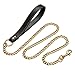 Strong Stainless Steel Gold Chain Dog Leash,with Leather Handle,12mm Width 18K Gold Plated NK Link Chain Leash,Metal Leash for Small Medium & Large Dogs