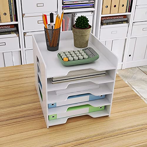 PUNCIA 5 Tiers Paper Tray A4 Desk Tidy Organizer Desktop White Filing Holder Office Mail Letter Sorter Document Notebooks Storage Rack for Home Office School Classroom - Image 3