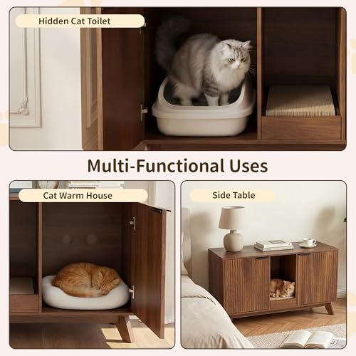 Image of Double Cat Litter Box Enclosure for 2 Cats,Fluted Hidden Litter Box Furniture with Litter Collector & Scratch Pad,47 inch Large Enclosed Cat Cabinet,Cat House,TV Stand,for Living Room,Walnut