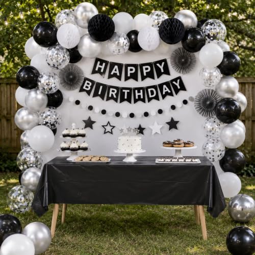 Image of Blue Orchards Black Plastic Table Cover (Pack of 3 with 20 Glue dots) - 54 inch x 108 inch - Black Waterproof & Disposable Tablecloth, Elegant Party Decoration for Graduation, Birthday Party Supplies