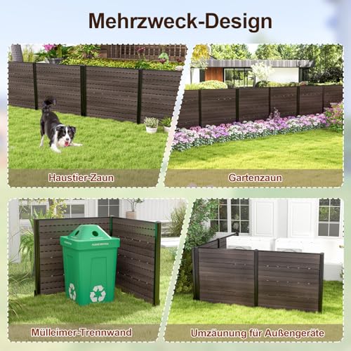 COSTWAY Gartenzaun 2-teilig, Zaun mit Pfosten & Schutzkappen, 115 cm hoch, Sichtschutzzaun aus HDPE, Steckzaun Zaunelementen, Freistehender dekorativer Zaun, Sichtschutz für Garten & Terrasse (Braun)