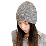 VASTLUCKY Glitter Sequins Knitted Hat Crochet Beanie Skull Cap for Women Soft Winter Stretch Skull Hat Silver