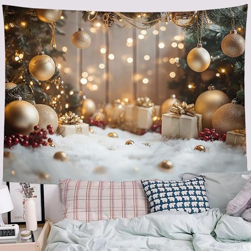 Couverture tenture murale boules de Noël or et branches de pin - 4
