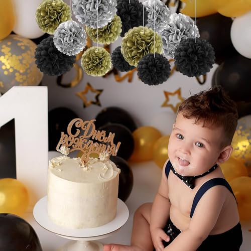 Image of 18 PCS Tissue Paper Pom Poms, Tissue Pom Poms Flowers, Sizes of 6 inch, 10 inch, 12 inch, 14 inch Hanging Paper Flower Ball for Wedding, Birthday, Halloween, Christmas, New Years Party Decor (Black Gold Silver)