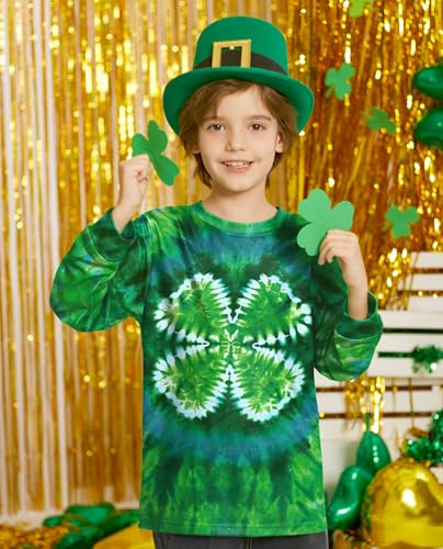 Image of Unisex Kids St. Patrick's Tie Dye Irish Clover Long Sleeve Shirt Shamrock Green Sweatshirt 6-14 Years
