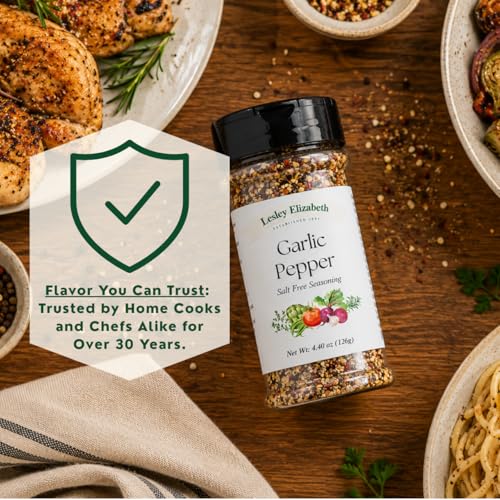 Image of Lesley Elizabeth Garlic Pepper Salt Free Seasoning - All-Natural Garlic & Black Pepper Blend | Salt-Free Spice for Chicken, Vegetables, Pasta & Gourmet Cooking