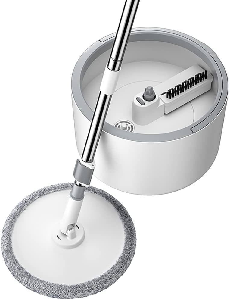 Image of Mevigo 360Spin Mop with Bucket|Dual Drive Floor Cleaning System with Stainless Steel Wringer|Super Absorbent Microfiber Heads 2 Refills Easy Self-Wringing MopSet for Home &Office (White, Round)