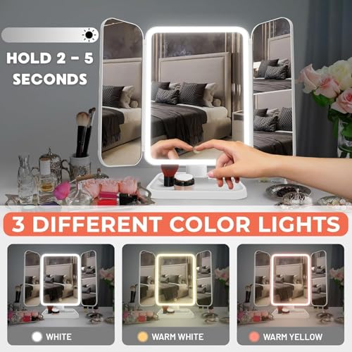 Image of KREZON Portable Folding Makeup Mirror with Storage Compartments and Led Light for Girls Women at Home, Trifold Vanity Mirror with Lights Dressing Table Tabletop