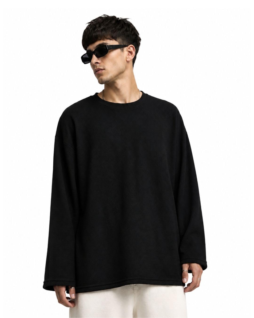 Men Waffle Oversized T-Shirt | Full Sleeve Streetwear | Waffle textured baggy loose fit tee | Breathable soft fabric full sleeves | Relaxed street style everyday wear-image-35