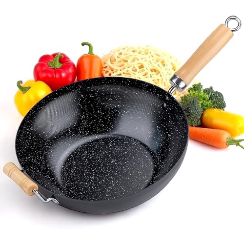 EliteHoff Wokpfanne Induktion 28 cm, Wok mit Antihaftbeschichtung, aus Karbonstahl mit Holzgriff zum Rühren und Braten, Wok Kohlenstoffstahl Induktion mit Flachem Boden für alle Herdarten (Ø 28 cm)