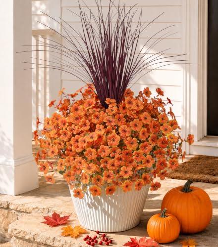 HyeFlora Artificial Fall Flowers Faux Mums for Outdoor Indoor Garden Home Decoration, Faux Flower Daisy with Eucalyptus Leaves Fake Mums Plants Greenery Boxwood Porch Patio, 12 Bundles (F Orange)