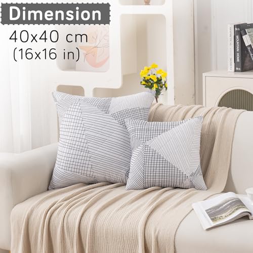 Image of HOKIPO 'Elira Series' Printed Quilted Cushion Cover for Sofa 16x16 Inches, Set of 2, Snow White Black Geometry (AR-6231-C9*2)