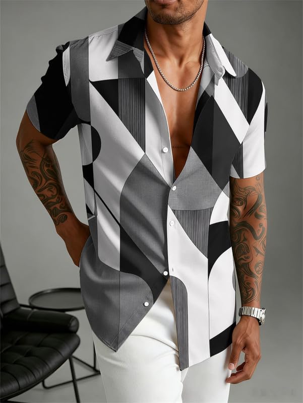 Chemise manches courtes pour hommes à imprimé géométrique 3D
