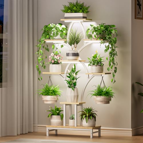 Image of Plant Stand Indoor with 4 Grow Lights - 63 inch Tall Plant Shelf- 8 Tiered Corner Plant Flower Stands Display Shelves for Home, Patio (White)