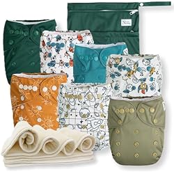 Nora's Nursery Cloth Diapers 7 Pack with 7 Inserts & 1 Wet Bag - Waterproof Cover, Washable, Reusable & One Size Adjustable Pocket Diapers for Newborns and Toddlers - Outer Space