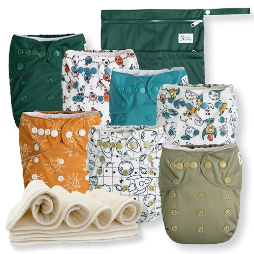Image of Nora's Nursery Cloth Diapers 7 Pack with 7 Inserts & 1 Wet Bag - Waterproof Cover, Washable, Reusable & One Size Adjustable Pocket Diapers for Newborns and Toddlers - Outer Space