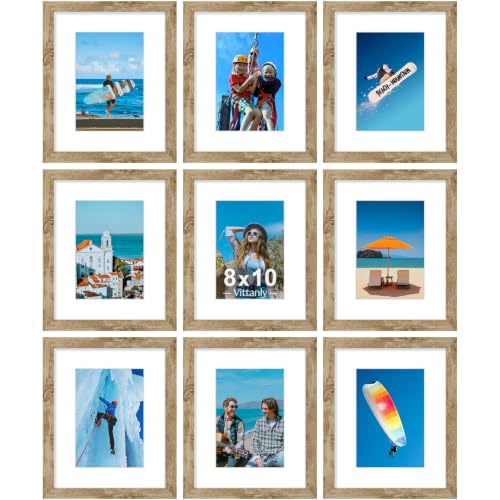 Vittanly 8x10 Picture Frames Set of 9 for Wall Mount & Tabletop, Light Oak
