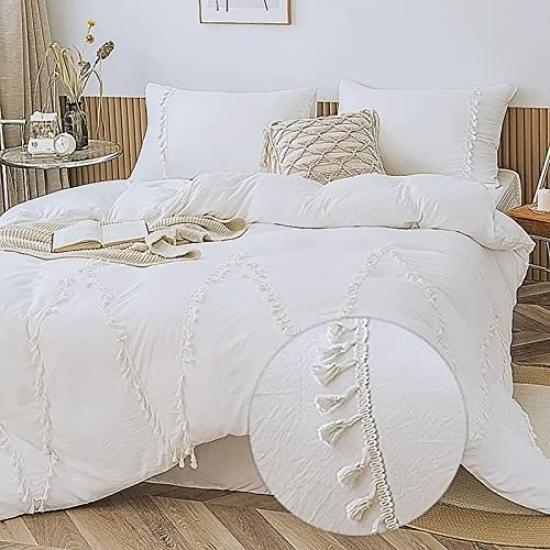 Funda Nordica Cama 135/150 a Ponpón de Borlas Funda Edredon 220x230 cm y 2 x Fundas de Almohada de 50x75 cm Ropa de Cama Bohemia Boho Suave Color Sólido Fundas Nórdicas Blanco Cover