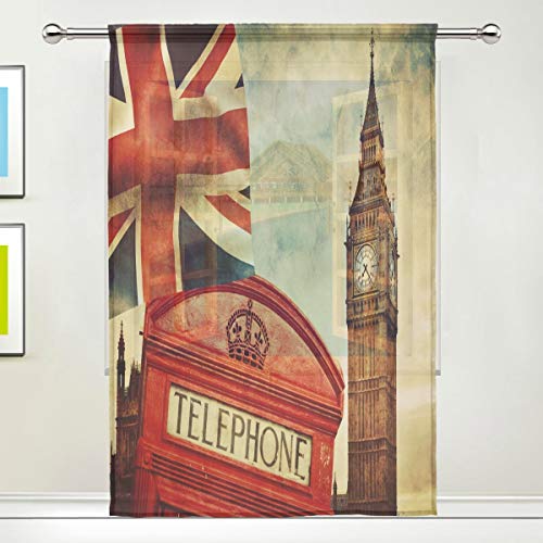 HMZXZ RXYY Voile Tulle Window Sheer Curtain London Big Ben Union Jack...