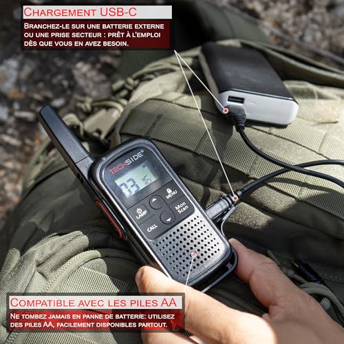 TechSide TS-T3 Go Talkie-Walkie PMR446, 16 Canaux, Portée 10 km, Recharge USB-C, avec Lampe LED, Lot de 2 – vue 4