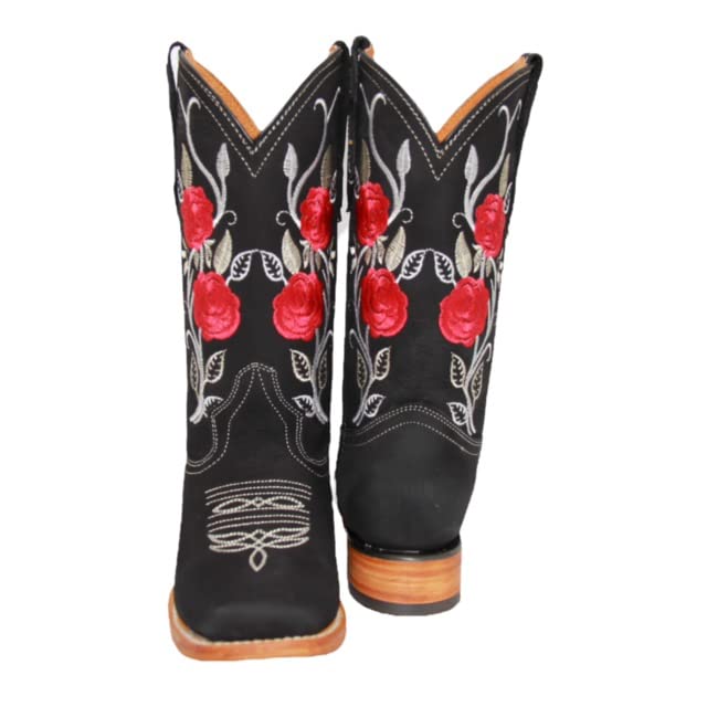 Women’s Square Toe Cowgirl Cowboy Boot Embroidered Floral Roses Western Boots Black2