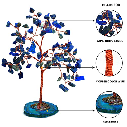 Image of REMEDYWALA Charged Lapis Lazuli Crystal Tree with Agate Slice Base for Reiki Healing 100 Beads