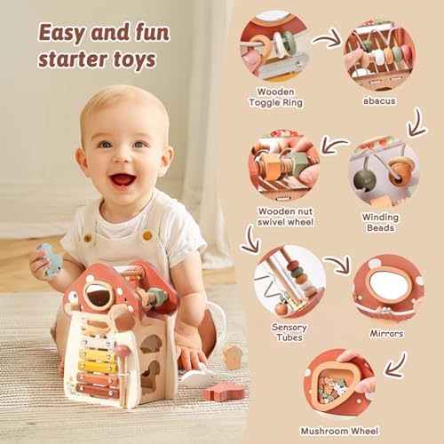 Cubo de actividades para bebés con forma de hongo y juguetes de madera 5 en 1 para niños 3