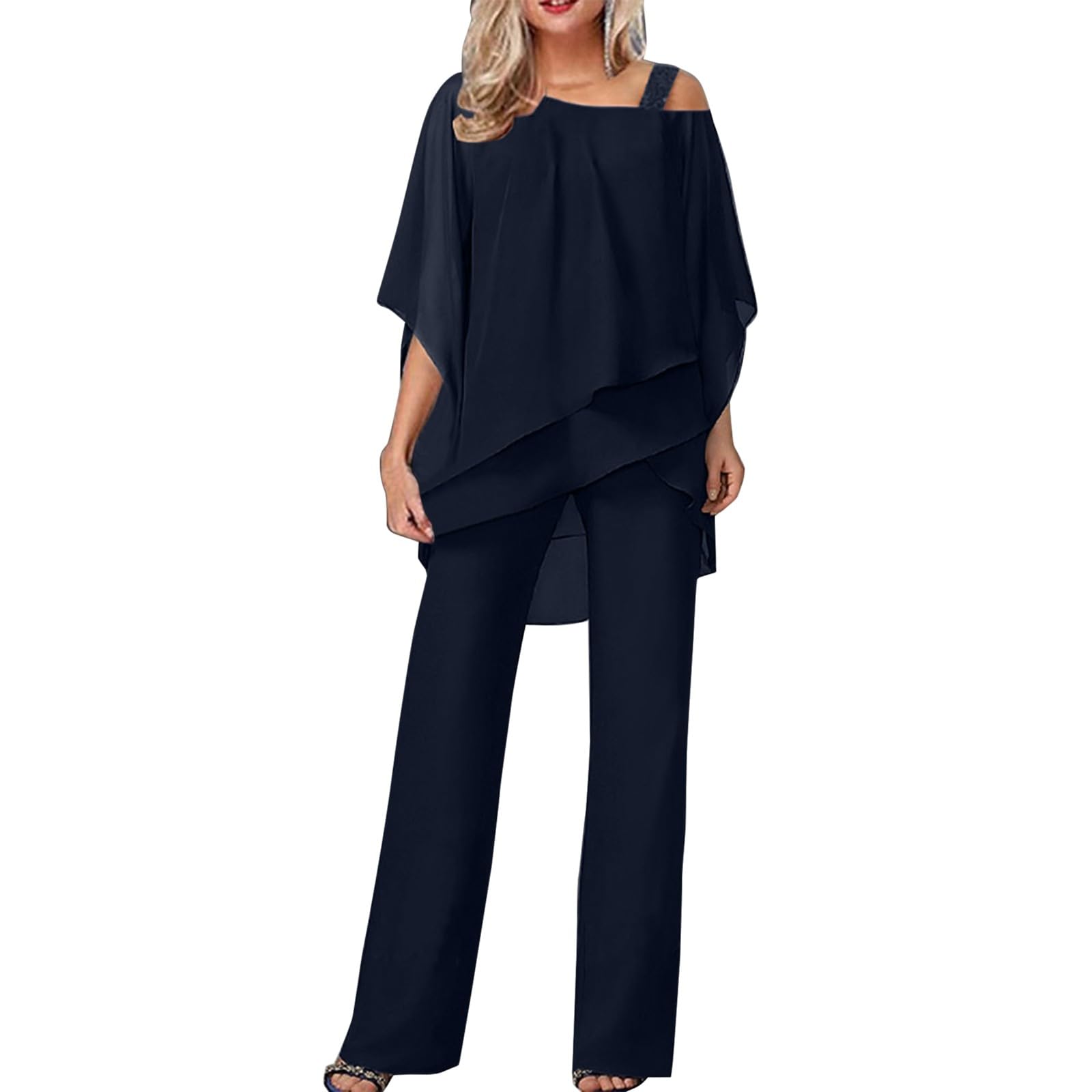 Ensemble Pantalon Femme Tailleur Femme pour Mariage Grande Taille Ensemble Deux Pièces en Mousseline De Soie pour Femme Élégant Ensemble De Détente + Pantalon De Loisirs Taille Haute