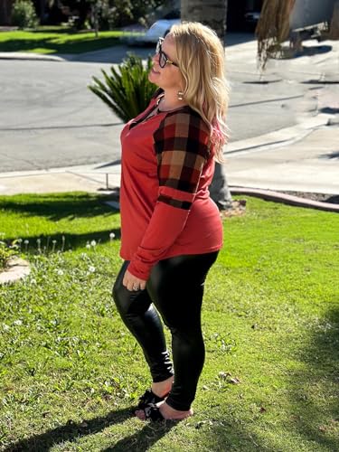 Image of CARCOS Plus Size Tops for Women Long Sleeve Fall Tunic Color Block Camo /Plaid /Leopard /Fall Blouse Crewneck Tshirt XL-5XL