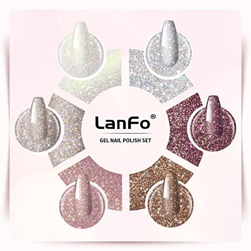 Lanfo 6 Colors Nail Polish Set Red Brown Pink White Nude Glitter Gel Polish Uv Led Soak Off Nail Art At Home (Nude Glitter) #TOP1