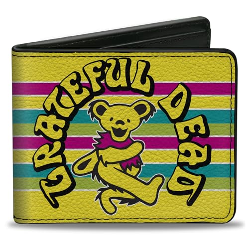 Buckle-Down Grateful Dead Wallet, Bifold, Grateful Dead Dancing Bear Icon Stripe Yellow Multi Color, Vegan Leather