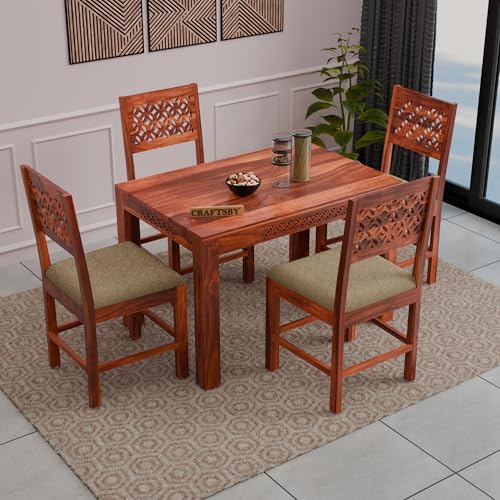 Image of 45 Inch Length Solid Sheesham Wood 4 Seater Dining Table Set | Four Seater Dinner Table with 4 Cushions Chairs | Dinning Table Set 4 Seater for Living Room | Table & Chair Set | Honey Finish
