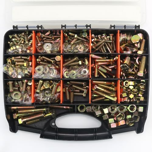 Image of Quibbay 924Pcs Grade 8 Bolts and Nuts Assortment Kit, 1 /4-20, 5 /16-18, 3 /8-16, 1 /2-13 Heavy Duty Hex SAE Assorted Bolts Nuts and Washers Kit, Carbon Steel Machine Hardware Screw Sets with Case