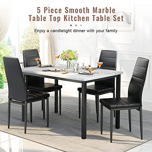 Recaceik Furniture 5 Piece Faux Dining Set, Modern Kitchen Table Marble Top And High Chairs For Breakfast Nook Small Spaces, White+Black #TOP2