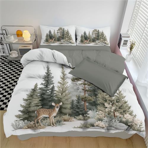 DLERFLOVR Housse de Couette 200x200cm avec 2 Taie Oreillers 65x65 cm - Scène De Forêt avec Cerf - Parure de Lit Thème Nature Linge de Lit Douce pour 2...