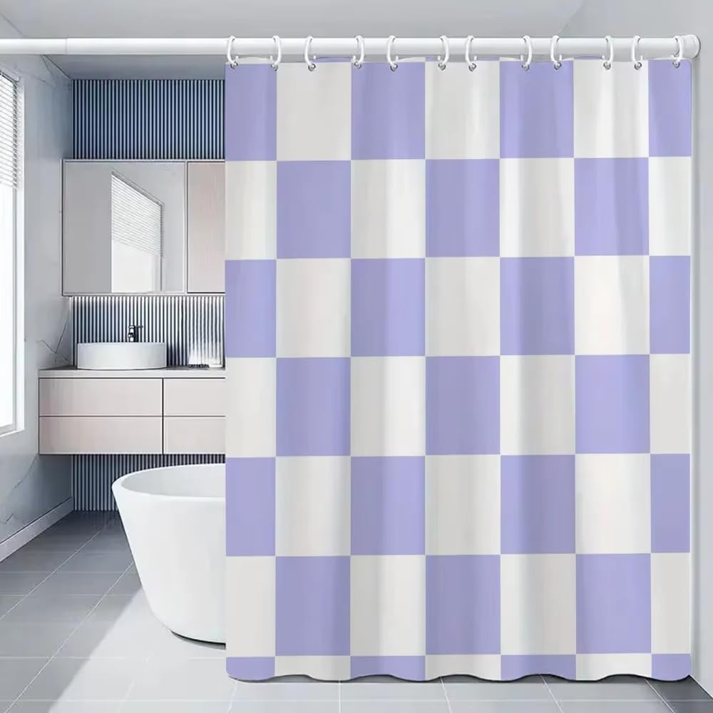 Cortina de Ducha 200x200 Cuadros Morados y Blancos para Baño con Estampado de Cuadrícula,Impermeable,de Poliéster con Ganchos,Fácil de Instalar y Lavable a Máquina,200Anx200Al cm (1 Panel).