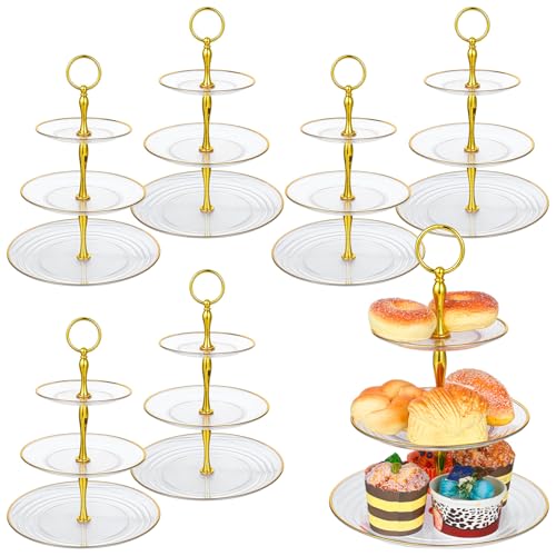 HOFURME 6 Pack 3 Tier Plastic Cupcake Stand Bulk Tiered Dessert Stand Thick Clear Plastic Serving Tray with Gold Edges Dessert Table Display Set Tea Cake Holder for Wedding Birthday Party Decorations