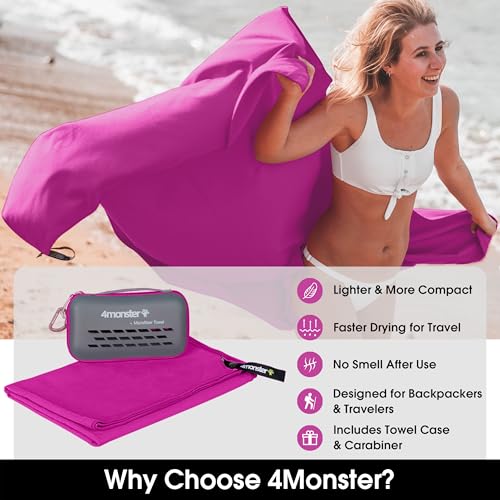 Image of 4Monster Quick Dry Travel Towel with Case & Carabiner - Super Absorbent Microfiber Gym & Camping Towel. Compact, Lightweight, Fast Drying for Beach, Swimming, Hiking, Backpacking