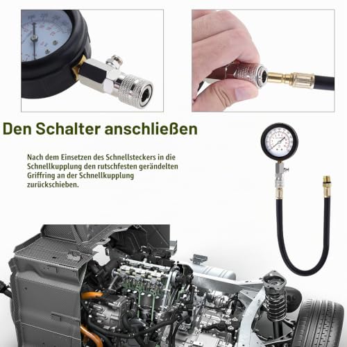 Foto von WiMas Kompressionsprüfer Benzin Kompressionsmessgerät Kompressionstester, Motor Kompression Zylinder Kompressionsmesser Kompressionstest mit Zündkerzentester (Schwarz)